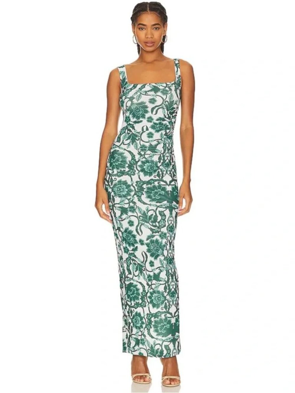Rumer Maya Maxi Dress Small Green Floral Sleeveless Mesh Ruched NWT DR-1892